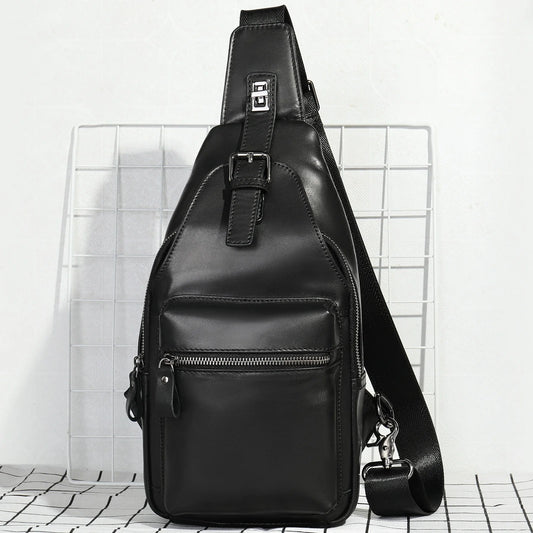 Men's leather chest bag crossbody in a sleek, vertical square design with multiple interior pockets for organized storage
