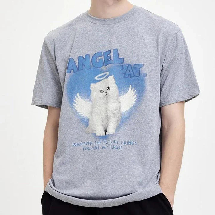 A unique angel cat graphic t-shirt in a relaxed, comfortable fit for everyday casual wear.