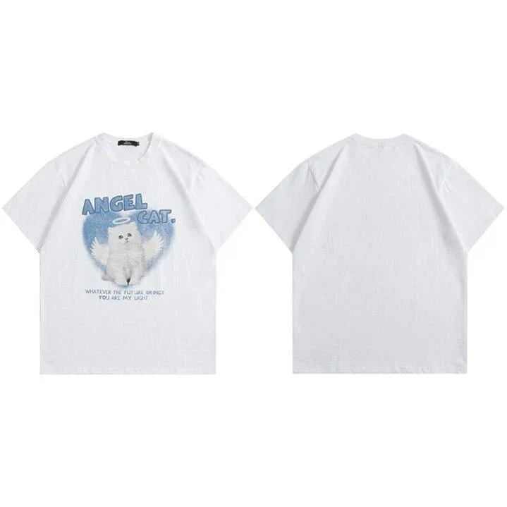 A unique angel cat graphic t-shirt in a relaxed, comfortable fit for everyday casual wear.