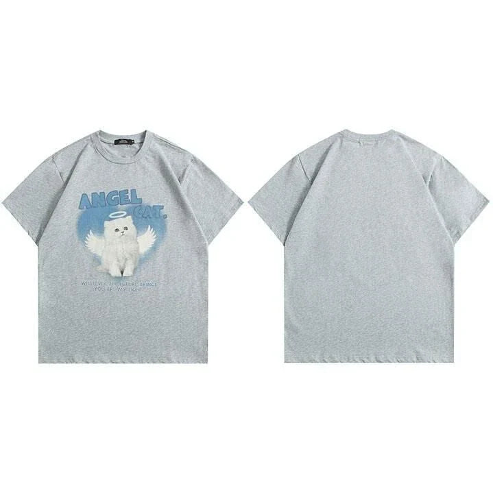 A unique angel cat graphic t-shirt in a relaxed, comfortable fit for everyday casual wear.