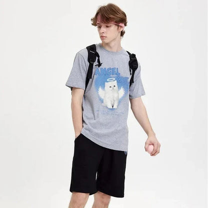 A unique angel cat graphic t-shirt in a relaxed, comfortable fit for everyday casual wear.