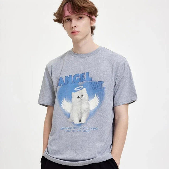 A unique angel cat graphic t-shirt in a relaxed, comfortable fit for everyday casual wear.