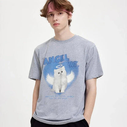 A unique angel cat graphic t-shirt in a relaxed, comfortable fit for everyday casual wear.