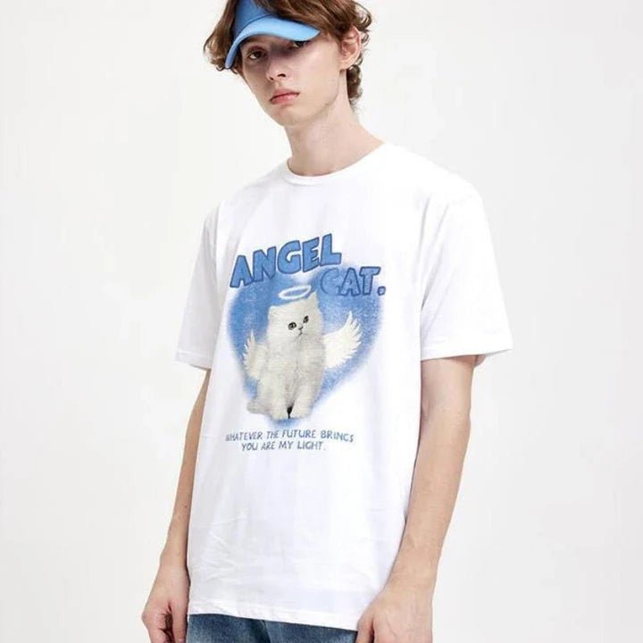 A unique angel cat graphic t-shirt in a relaxed, comfortable fit for everyday casual wear.