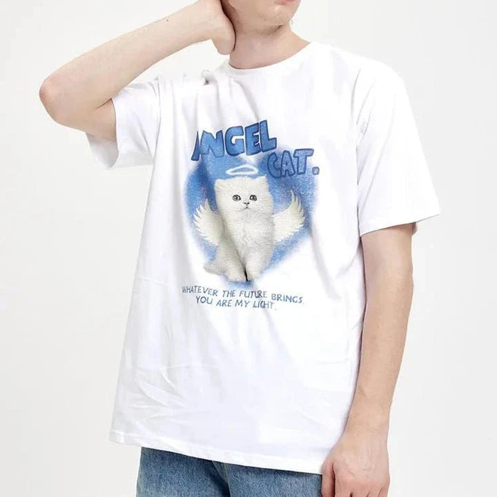 A unique angel cat graphic t-shirt in a relaxed, comfortable fit for everyday casual wear.