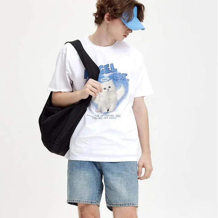 A unique angel cat graphic t-shirt in a relaxed, comfortable fit for everyday casual wear.