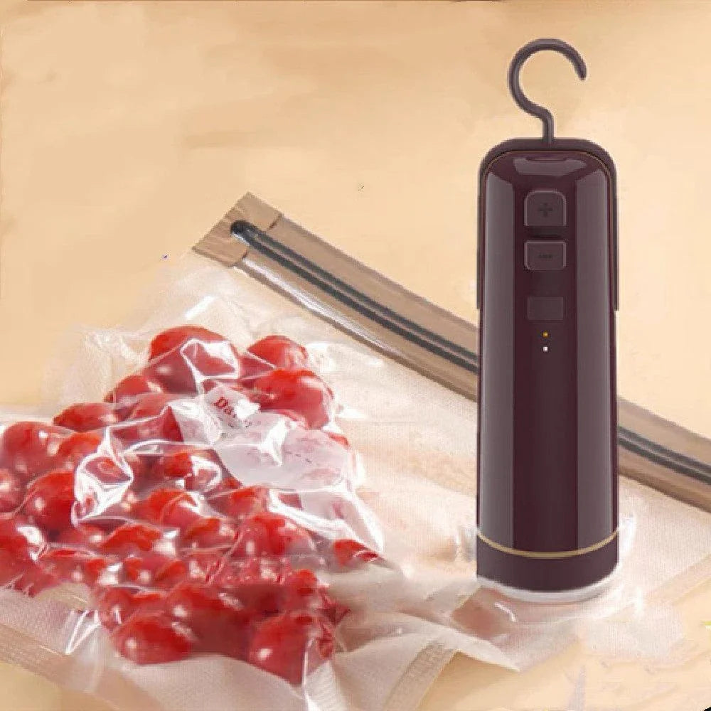 A compact, multi-functional electric vacuum sealer device with various nozzle attachments for sealing, inflating, and organizing kitchen and home storage.