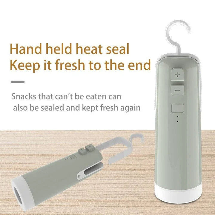A compact, multi-functional electric vacuum sealer device with various nozzle attachments for sealing, inflating, and organizing kitchen and home storage.