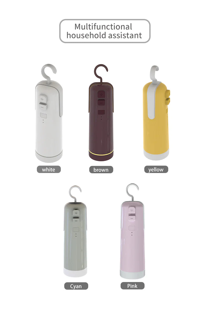 A compact, multi-functional electric vacuum sealer device with various nozzle attachments for sealing, inflating, and organizing kitchen and home storage.