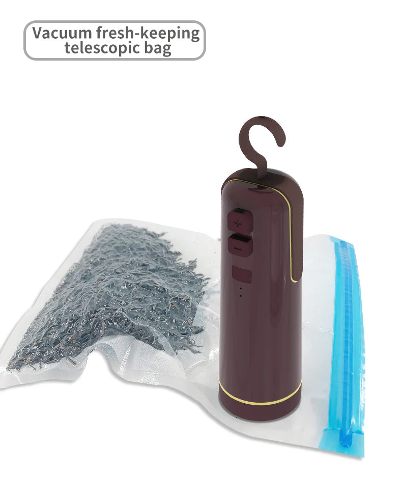 A compact, multi-functional electric vacuum sealer device with various nozzle attachments for sealing, inflating, and organizing kitchen and home storage.