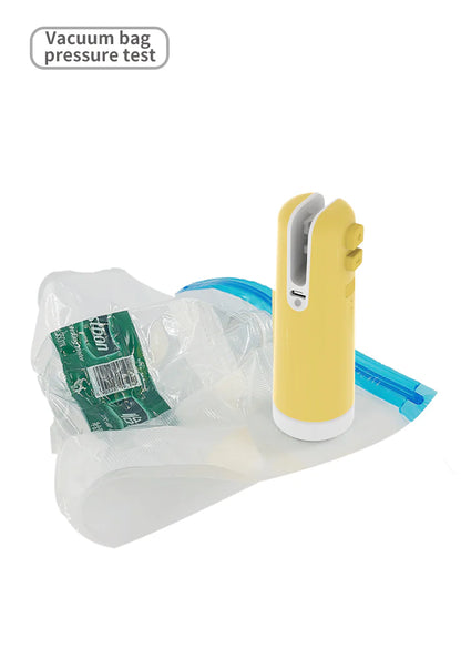 A compact, multi-functional electric vacuum sealer device with various nozzle attachments for sealing, inflating, and organizing kitchen and home storage.