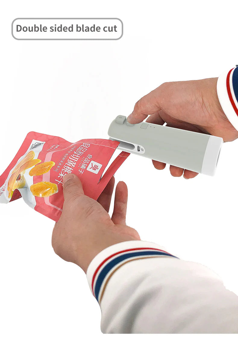 A compact, multi-functional electric vacuum sealer device with various nozzle attachments for sealing, inflating, and organizing kitchen and home storage.