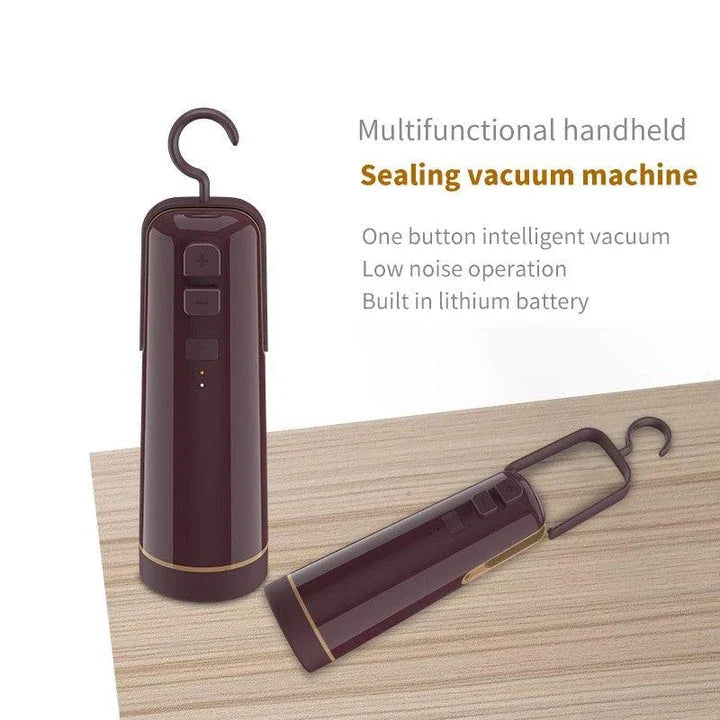 A compact, multi-functional electric vacuum sealer device with various nozzle attachments for sealing, inflating, and organizing kitchen and home storage.