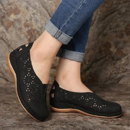 Hollow wedge heel single shoes in various colors, featuring a round toe, stitching details, and a flat heel for all-day comfort.