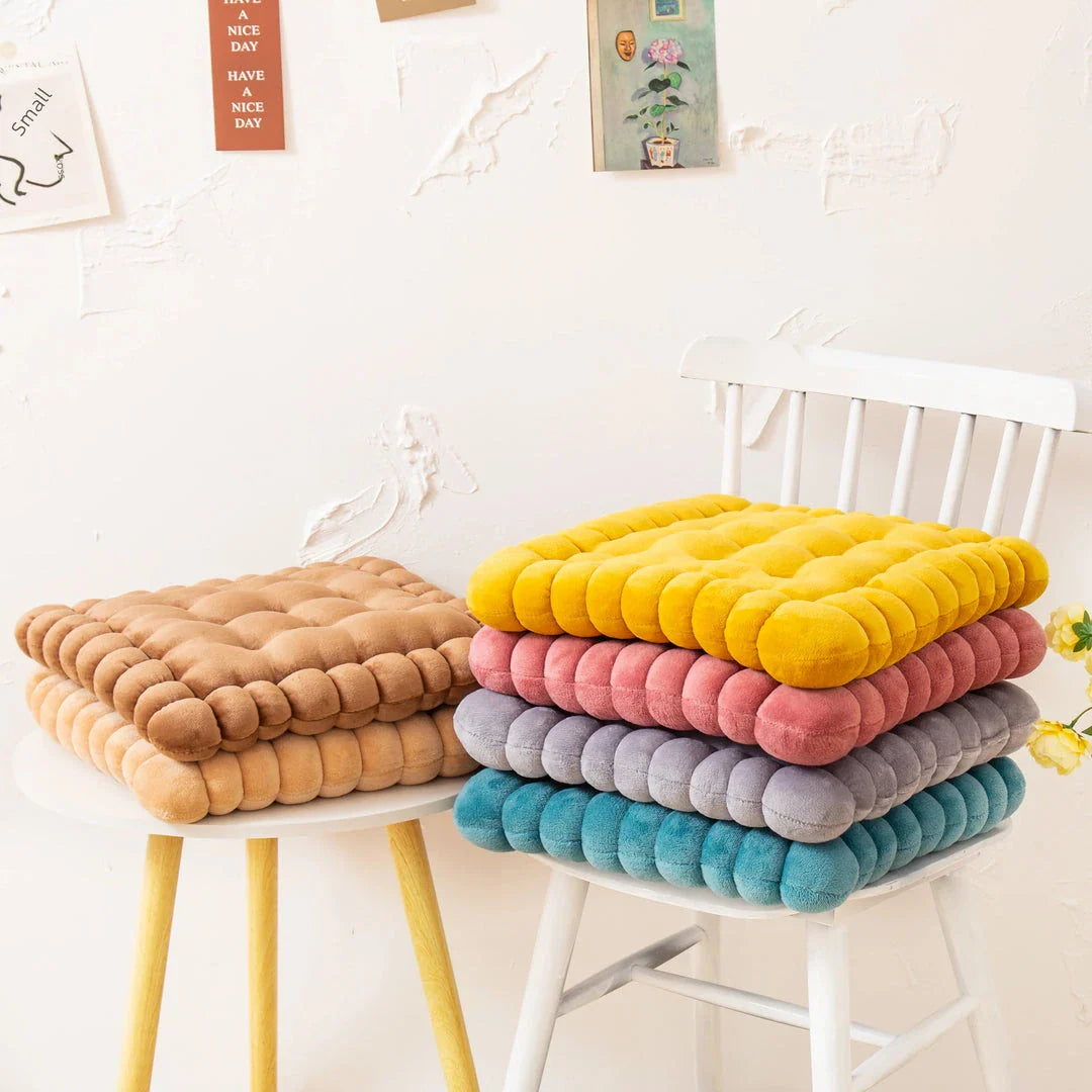 Plush seat pad square back cushion in blue, measuring 40x42cm, with a modern solid pattern and patchwork detailing