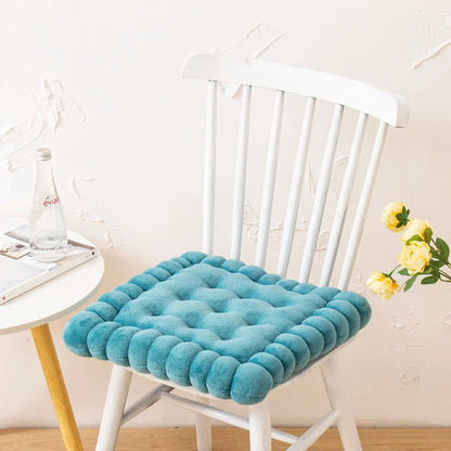 Plush seat pad square back cushion in blue, measuring 40x42cm, with a modern solid pattern and patchwork detailing