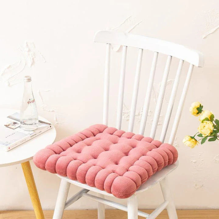 Plush seat pad square back cushion in blue, measuring 40x42cm, with a modern solid pattern and patchwork detailing