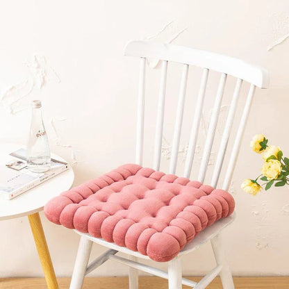 Plush seat pad square back cushion in blue, measuring 40x42cm, with a modern solid pattern and patchwork detailing