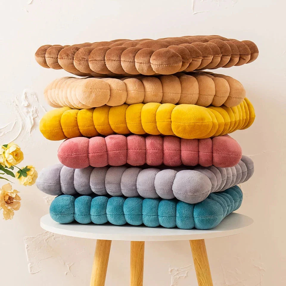 Plush seat pad square back cushion in blue, measuring 40x42cm, with a modern solid pattern and patchwork detailing