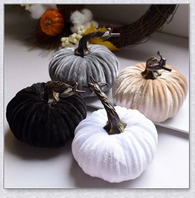 Punki Mini Velvet Halloween Pumpkins in various fall-inspired colors, including orange, burgundy, and navy blue