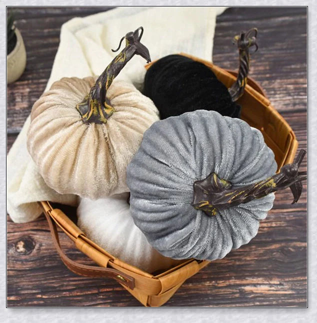 Punki Mini Velvet Halloween Pumpkins in various fall-inspired colors, including orange, burgundy, and navy blue