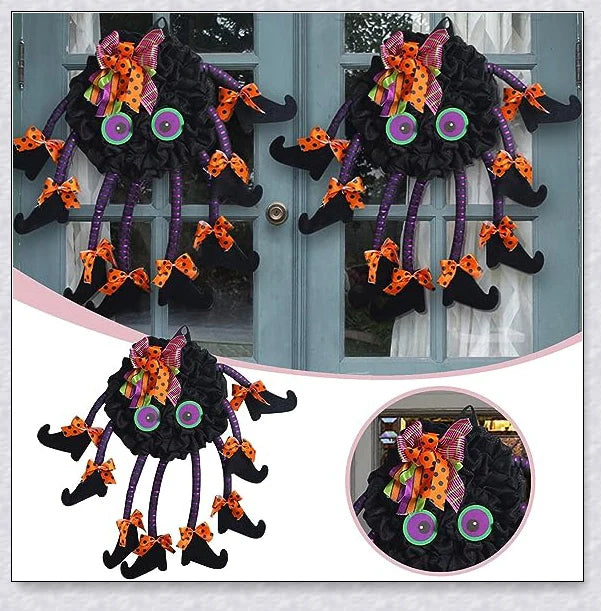Spiri Halloween Multi-Legged Witch Wreath with orange, purple, and black colors, witch legs, striped boots, and Halloween ribbons
