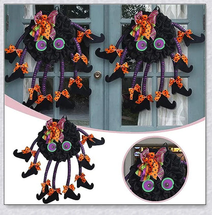 Spiri Halloween Multi-Legged Witch Wreath with orange, purple, and black colors, witch legs, striped boots, and Halloween ribbons