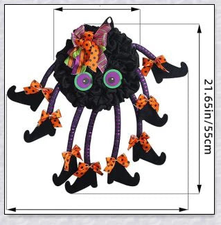 Spiri Halloween Multi-Legged Witch Wreath with orange, purple, and black colors, witch legs, striped boots, and Halloween ribbons