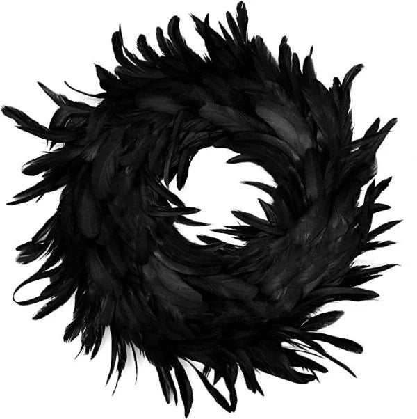 Black Halloween Feather Wreath with Hints of Green and Purple, Ideal for Spooky Decor