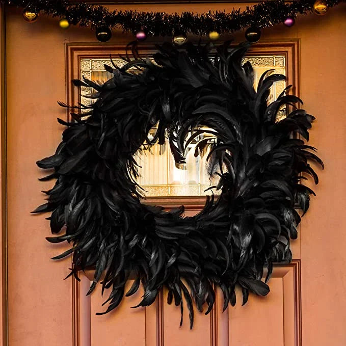 Black Halloween Feather Wreath with Hints of Green and Purple, Ideal for Spooky Decor