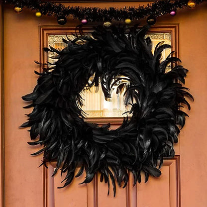 Black Halloween Feather Wreath with Hints of Green and Purple, Ideal for Spooky Decor