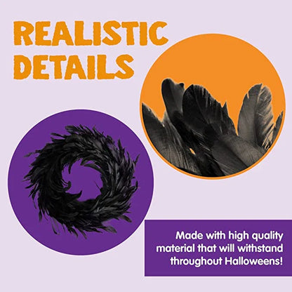 Black Halloween Feather Wreath with Hints of Green and Purple, Ideal for Spooky Decor