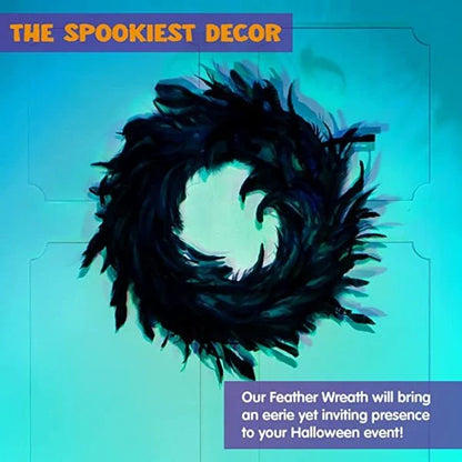 Black Halloween Feather Wreath with Hints of Green and Purple, Ideal for Spooky Decor