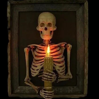 Life-size 3D haunted house skull Halloween decoration with pillar candles for a spooky, mystical ambiance