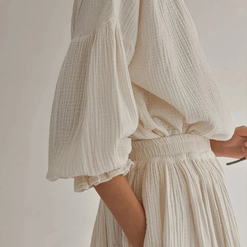 Hhomeenjoy Elegant Lantern Sleeve Shirt + Skirt Two Piece Set