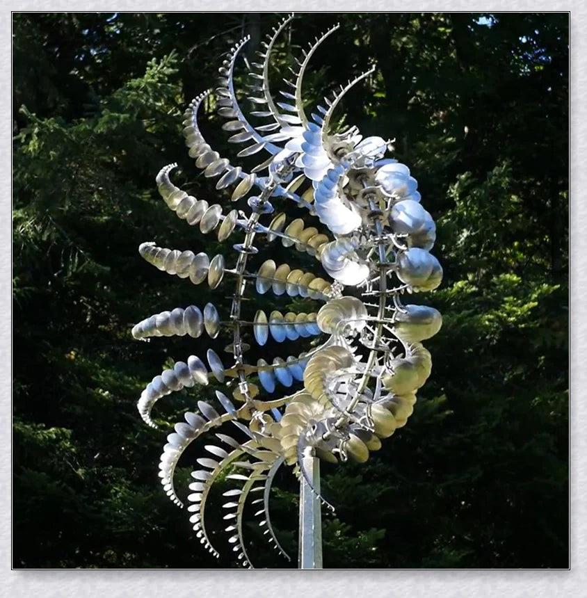 Mesmerizing metal kinetic sculpture with eighteen balanced blades rotating in opposite directions, creating a hypnotic visual display for your outdoor space