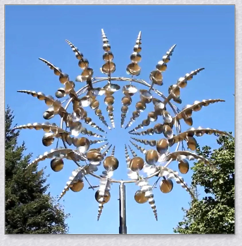 Mesmerizing metal kinetic sculpture with eighteen balanced blades rotating in opposite directions, creating a hypnotic visual display for your outdoor space