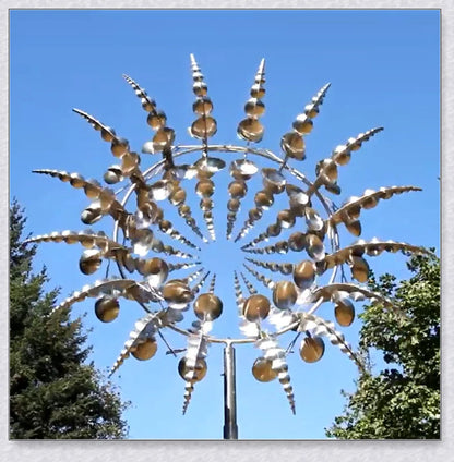 Mesmerizing metal kinetic sculpture with eighteen balanced blades rotating in opposite directions, creating a hypnotic visual display for your outdoor space