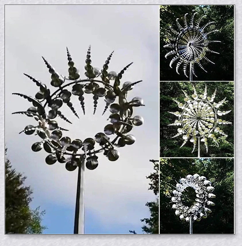 Mesmerizing metal kinetic sculpture with eighteen balanced blades rotating in opposite directions, creating a hypnotic visual display for your outdoor space