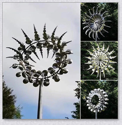 Mesmerizing metal kinetic sculpture with eighteen balanced blades rotating in opposite directions, creating a hypnotic visual display for your outdoor space