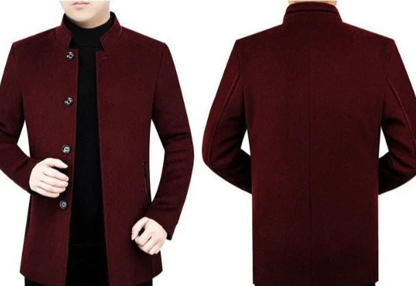 Premium woolen coat for men with velvet stand collar and fleece lining, ideal for autumn and winter wear