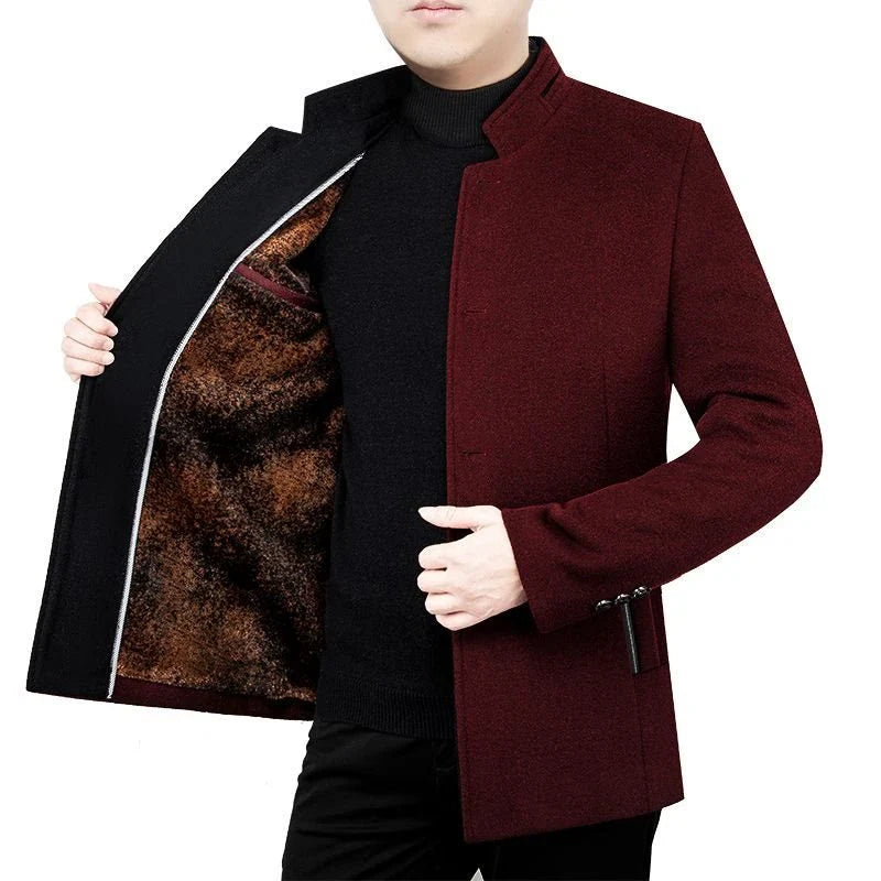 Premium woolen coat for men with velvet stand collar and fleece lining, ideal for autumn and winter wear