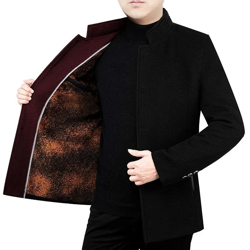 Premium woolen coat for men with velvet stand collar and fleece lining, ideal for autumn and winter wear
