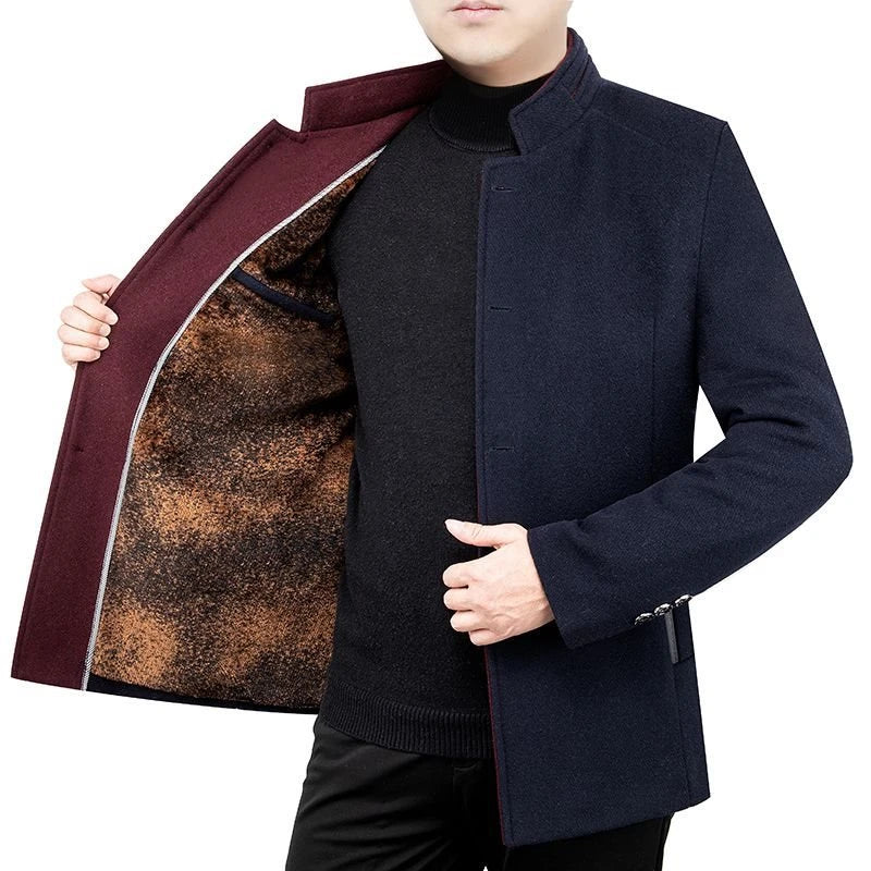 Premium woolen coat for men with velvet stand collar and fleece lining, ideal for autumn and winter wear