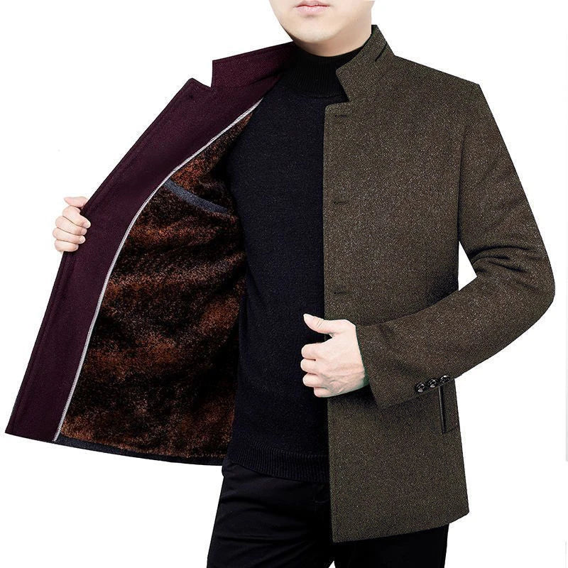 Premium woolen coat for men with velvet stand collar and fleece lining, ideal for autumn and winter wear
