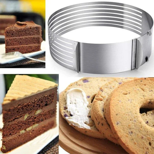Adjustable stainless steel cake slicer with 7 layers, perfect for cutting round, square, and a variety of desserts