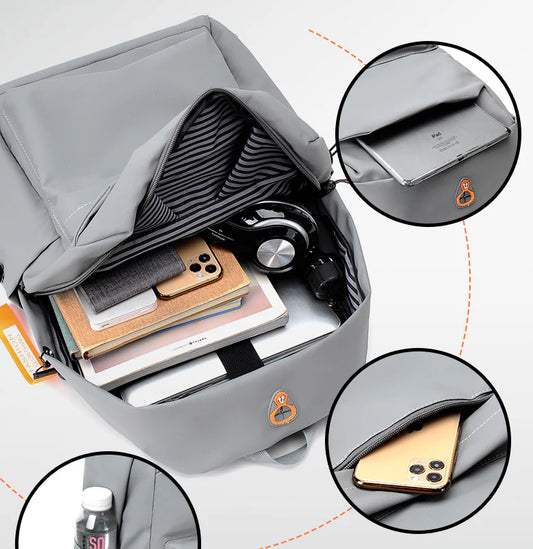 Men's simple casual travel laptop bag in grey color, featuring adjustable shoulder straps and a durable polyester lining