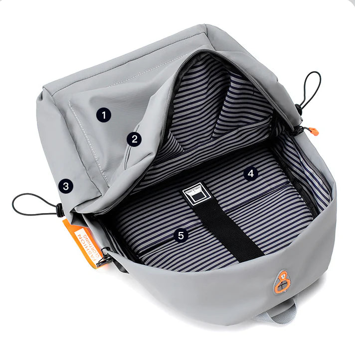 Men's simple casual travel laptop bag in grey color, featuring adjustable shoulder straps and a durable polyester lining