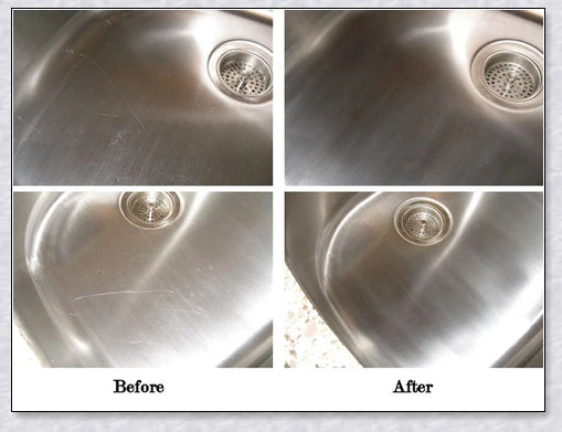 Stainless steel scratch eraser kit that safely removes oxidation, corrosion, and rust from metal surfaces, restoring a brilliant shine.