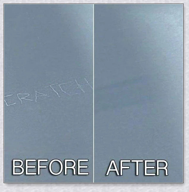 Stainless steel scratch eraser kit that safely removes oxidation, corrosion, and rust from metal surfaces, restoring a brilliant shine.